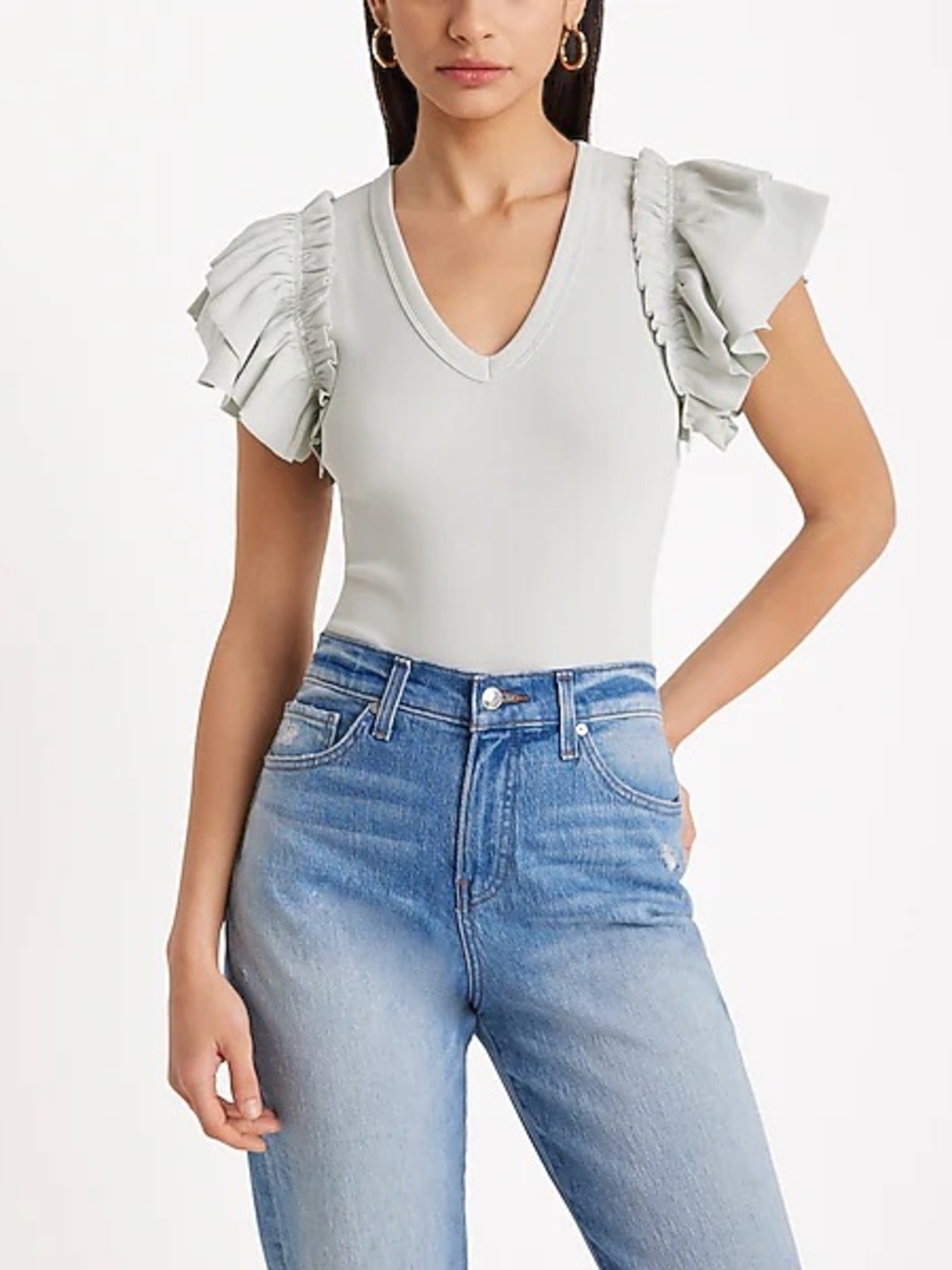 Express Ripped V-neck ruffle sleeve thong bodysuit Sz small